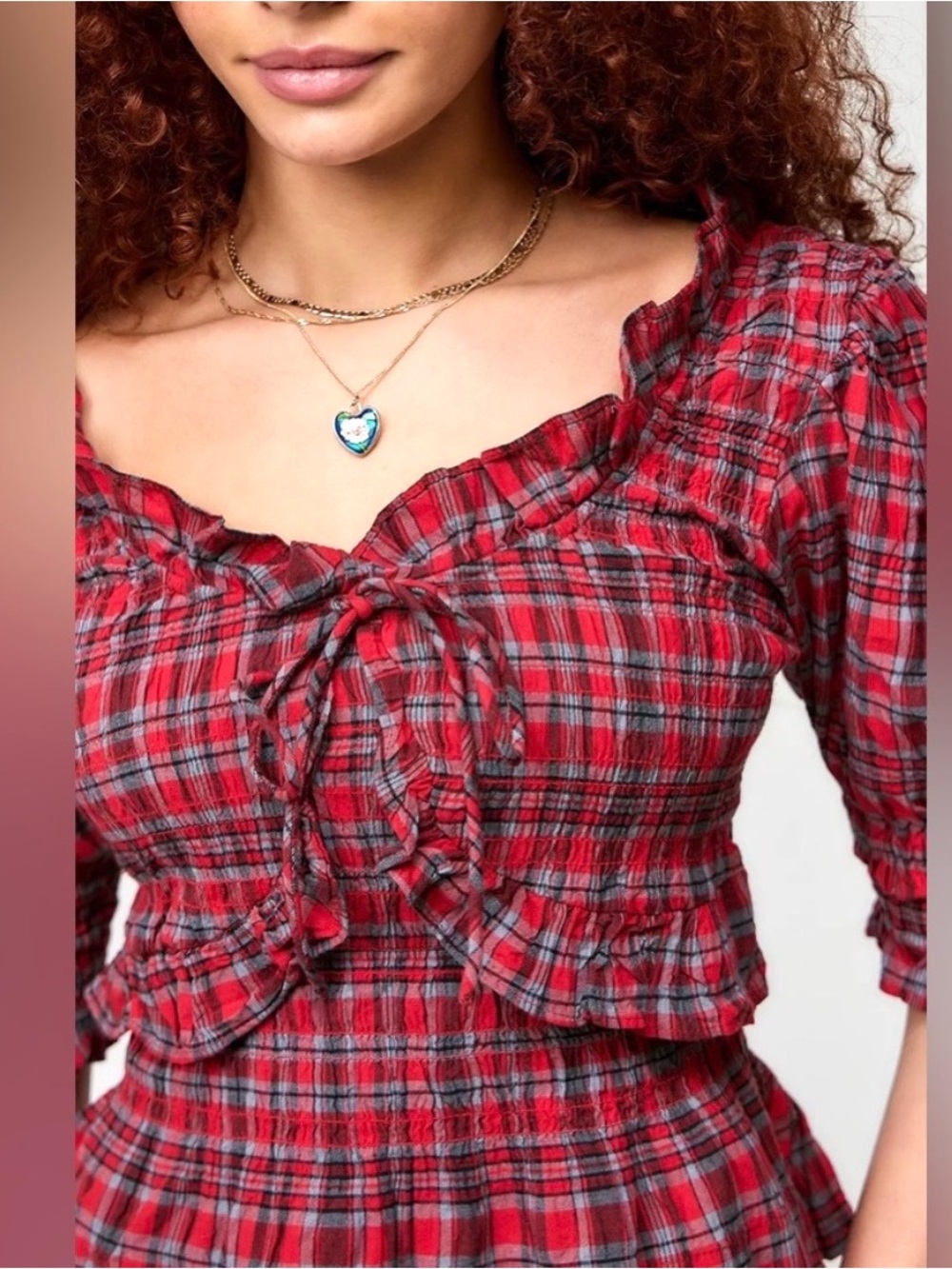 Damson Madder Megan Puffed Sleeve Red Plaid Ruffled blouse - Picture 3 of 7
